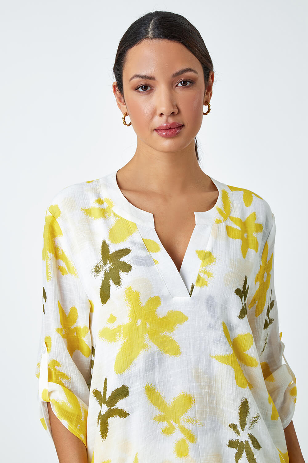 Yellow Floral Print Wrap Hem Tunic Top, Image 4 of 5