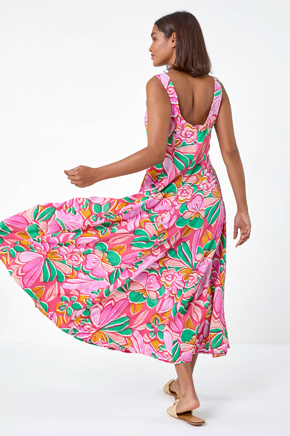 PINK Floral Print Panelled Midi Dress, Image 3 of 5