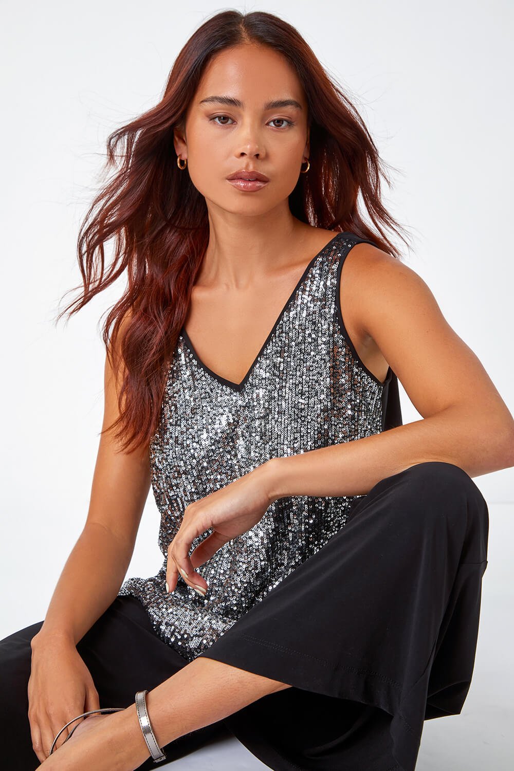 Silver Petite Sequin Stretch Vest Top, Image 1 of 5