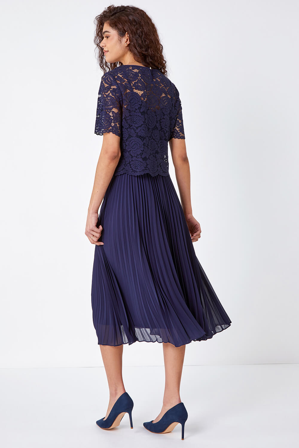 Navy  Lace Top Overlay Pleated Midi Dress, Image 3 of 5