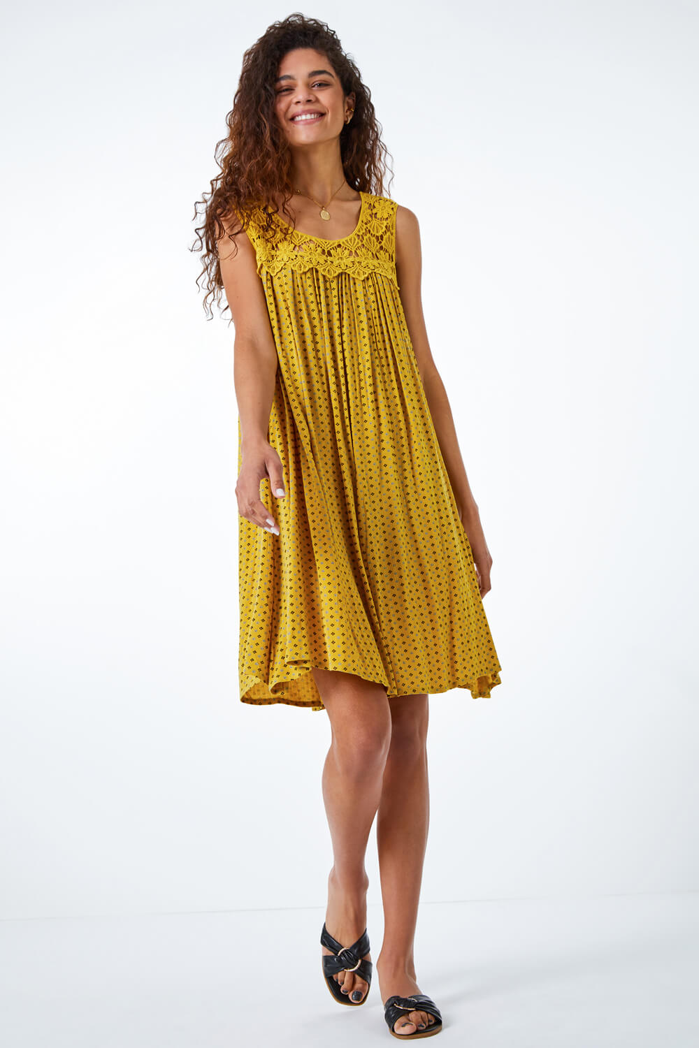 Yellow Ditsy Print Lace Yoke Swing Dress, Image 3 of 5