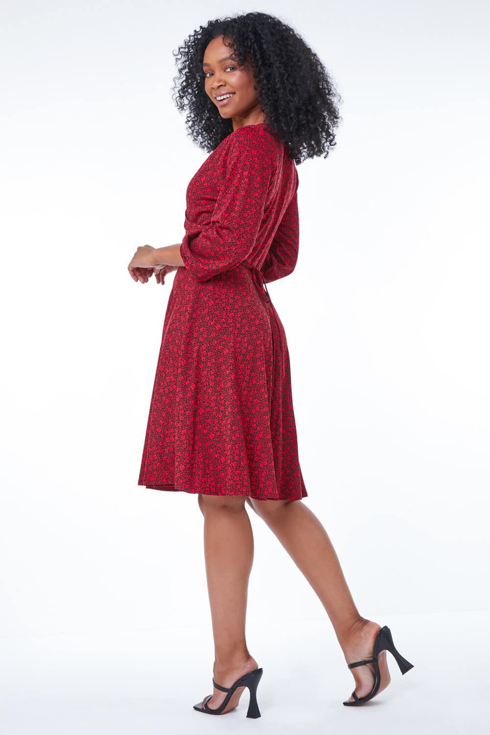Red Petite Floral Print Wrap Dress, Image 3 of 5