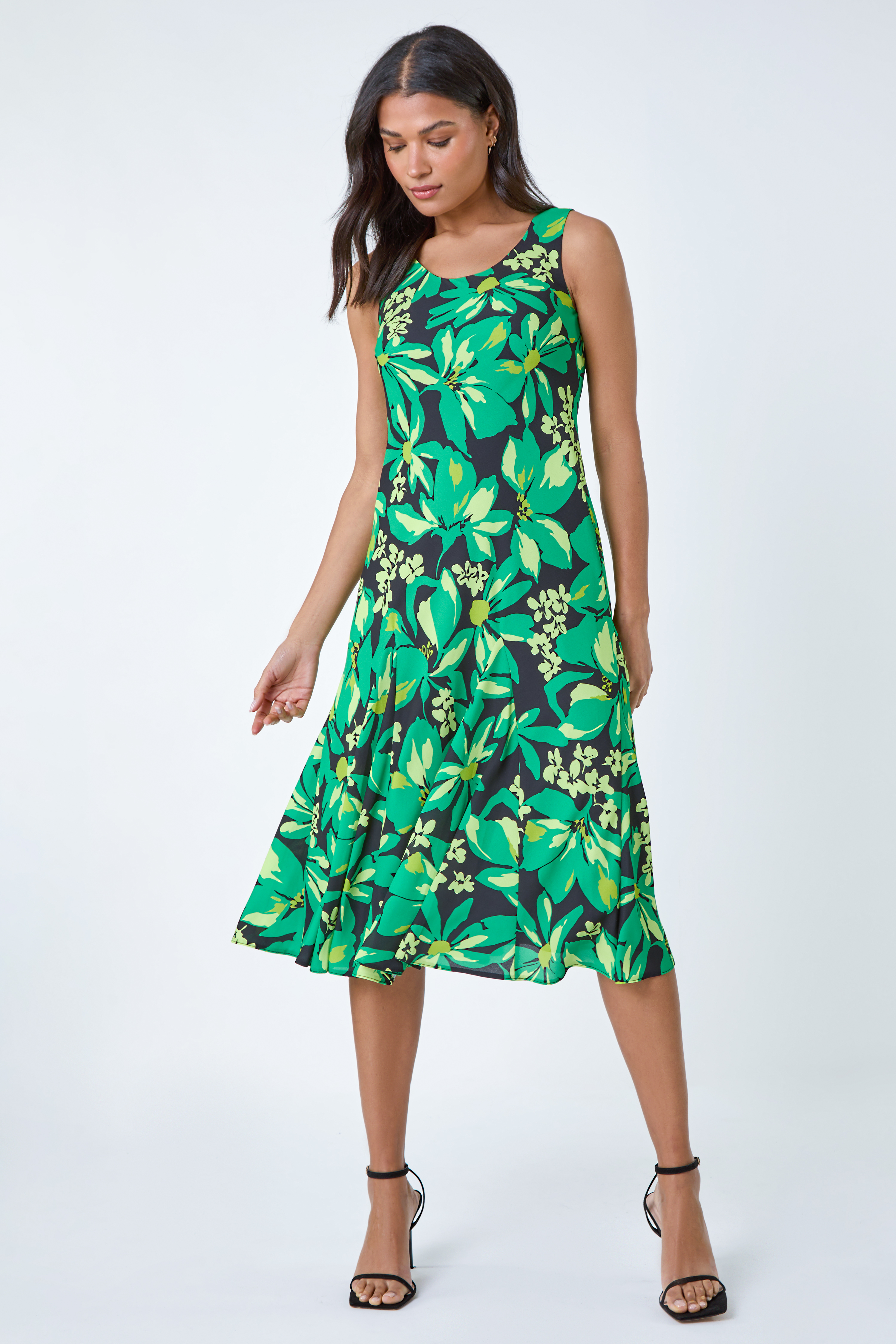 Green Floral Bias Cut Stretch Dress, Image 2 of 5