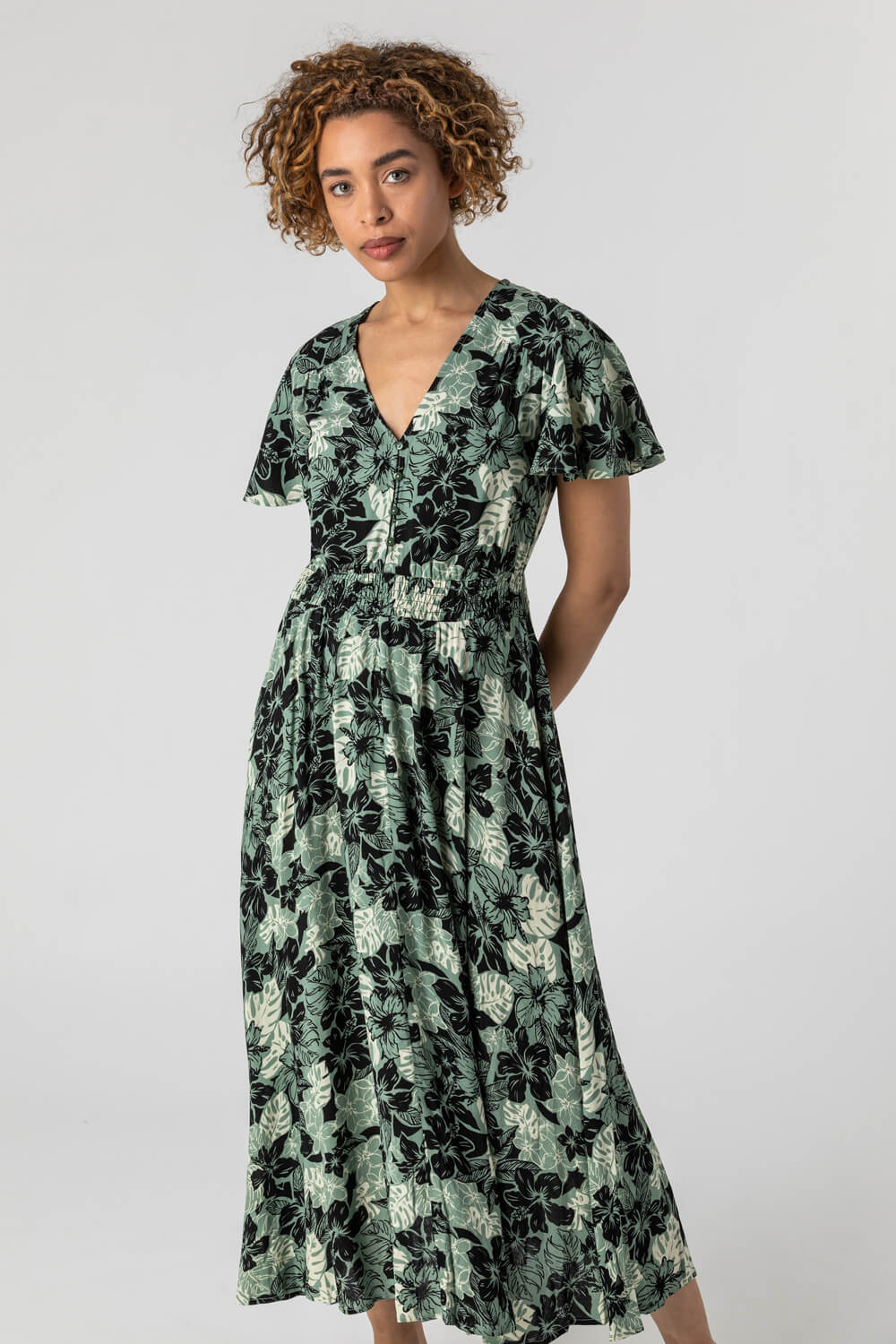 Floral Print Tiered Maxi Dress in Green - Roman Originals UK
