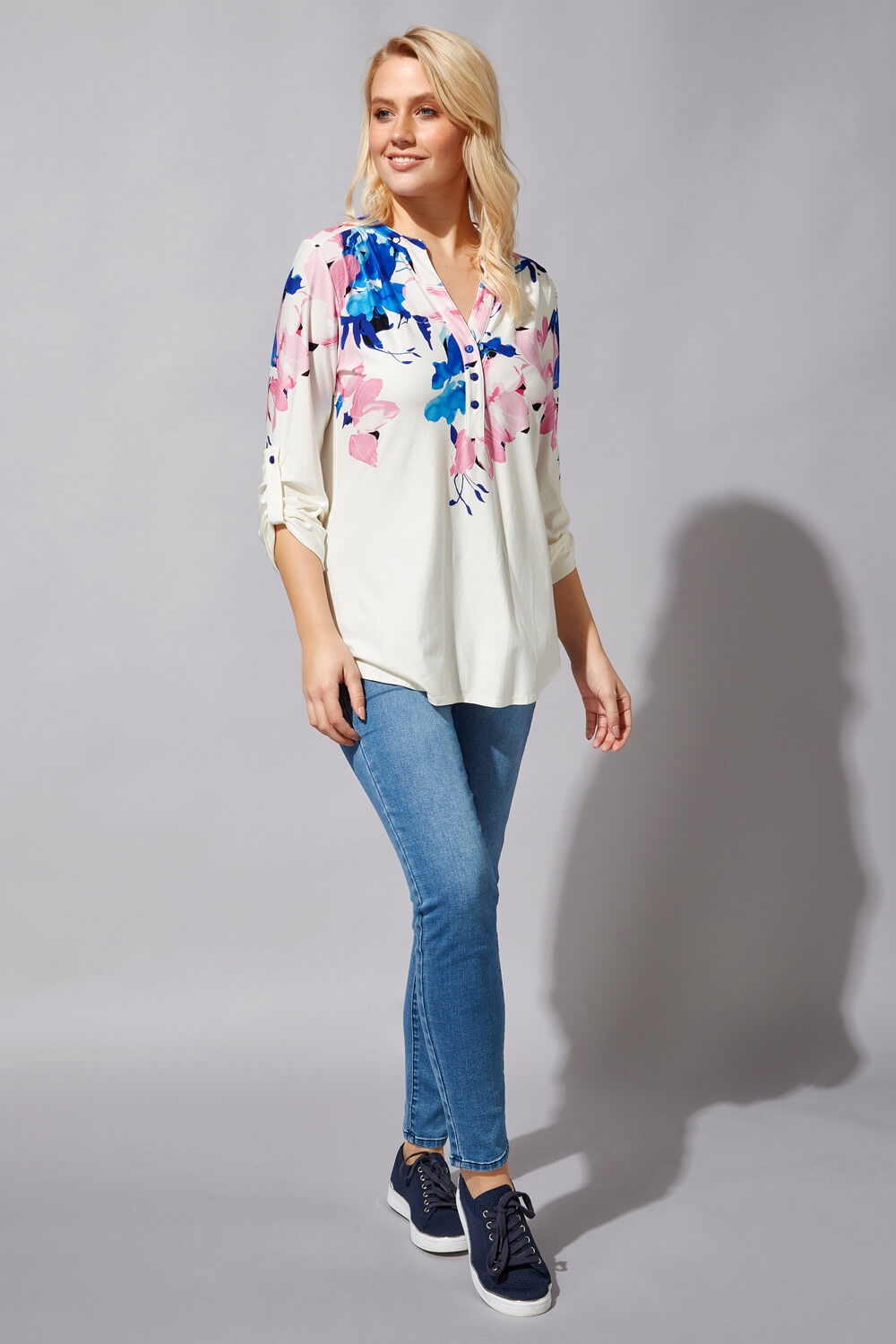 Ivory  Floral Border Print Button Down Top, Image 3 of 4