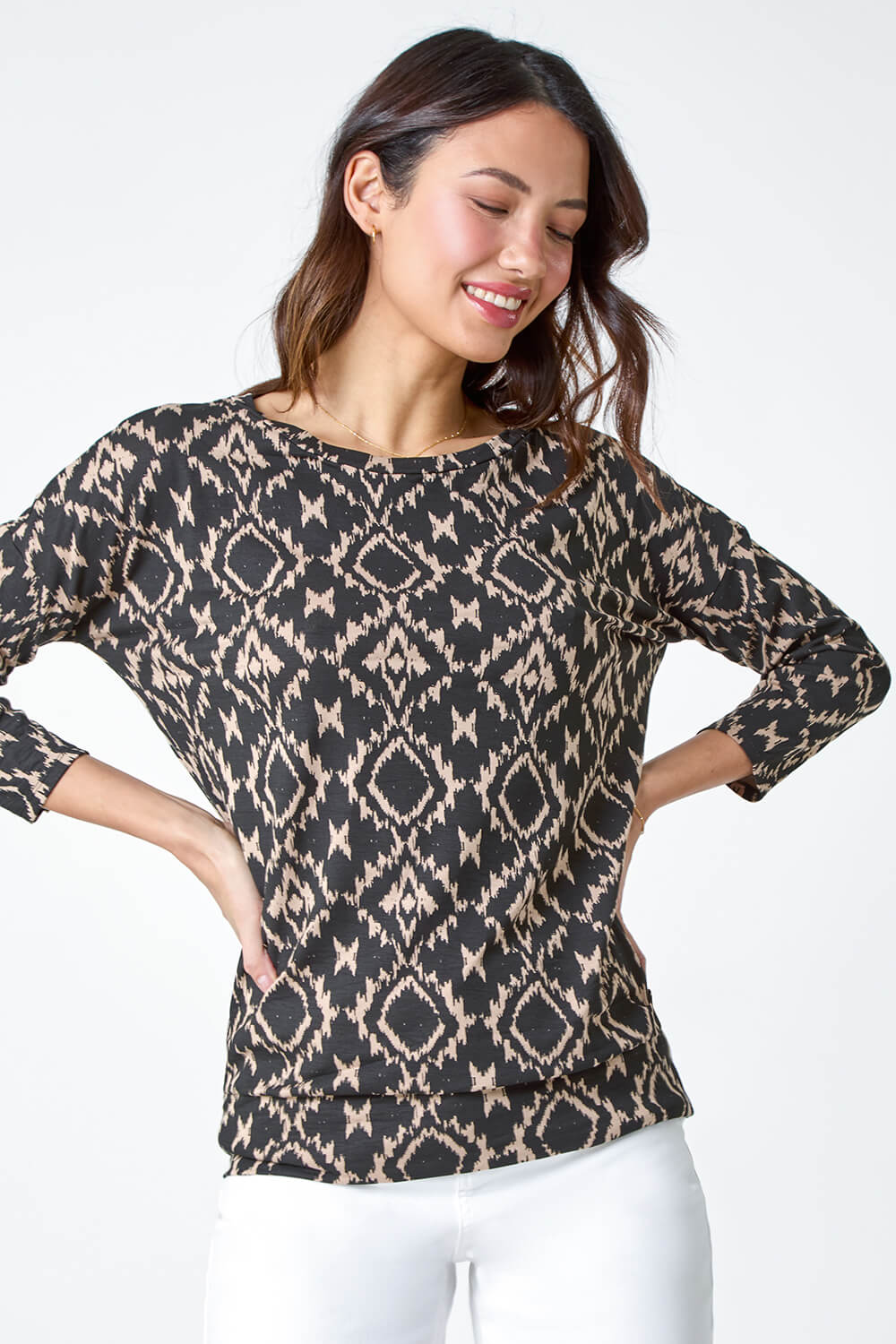 Natural  Abstract Print Stretch Blouson Top, Image 2 of 5