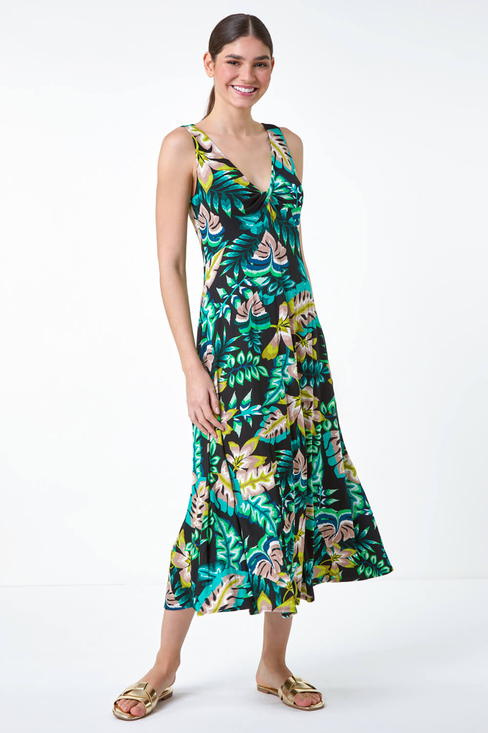 Green Twist Front Tropical Stretch Midi Dress | Roman UK