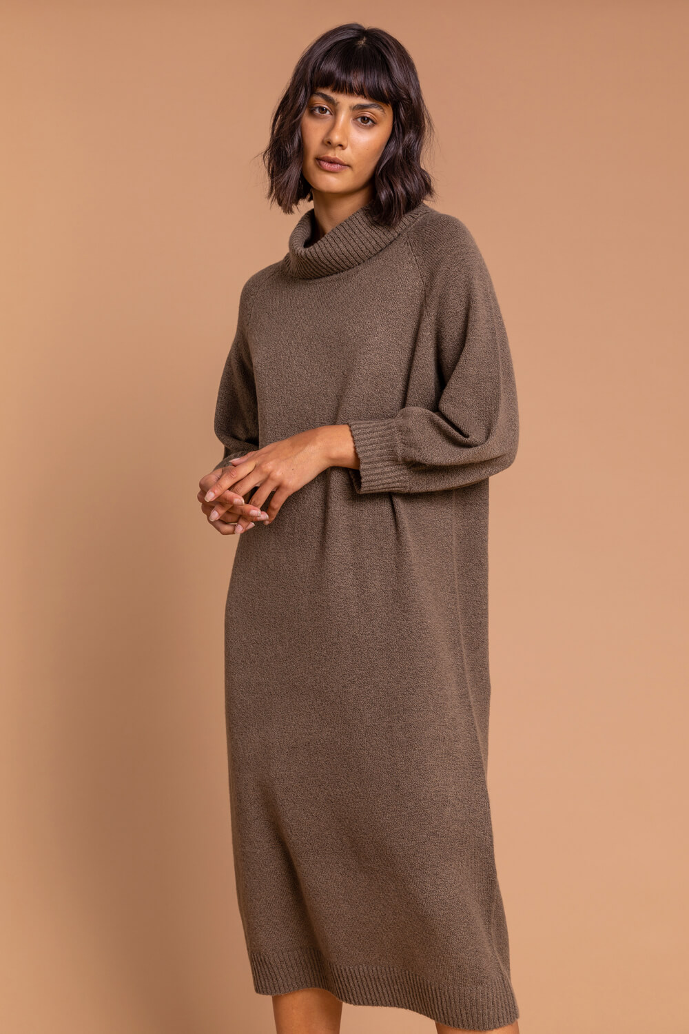 Brown Roll Neck Knitted Midi Dress, Image 4 of 5