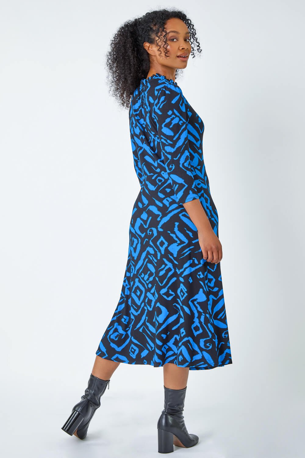 Blue Petite Abstract Print Midi Stretch Dress, Image 3 of 5