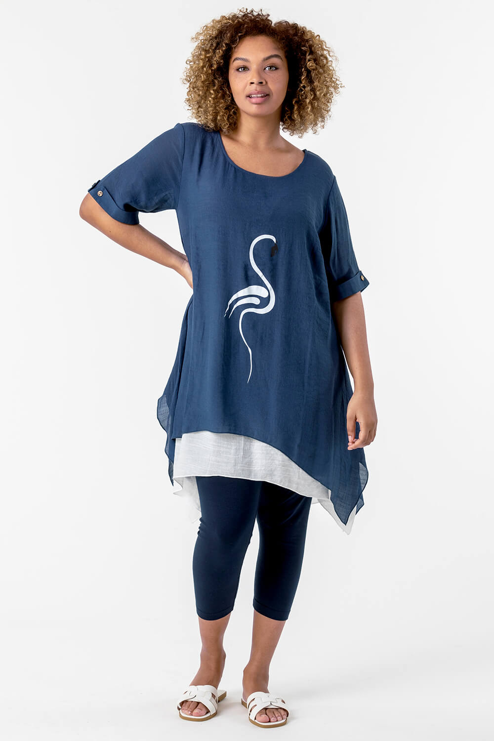 Curve Flamingo Print Asymmetric Tunic Top