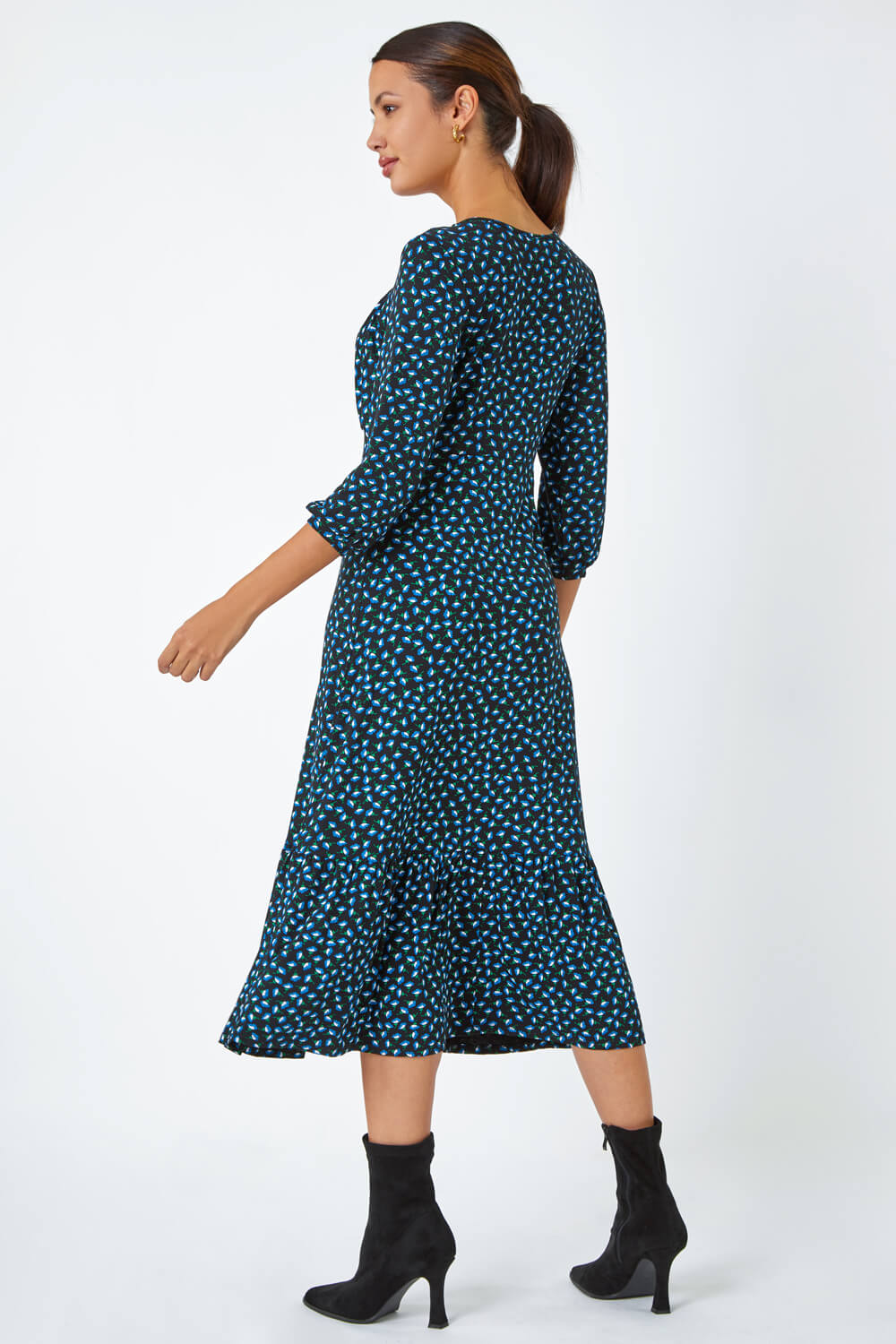 Blue Ditsy Floral Frill Stretch Midi Dress, Image 3 of 5