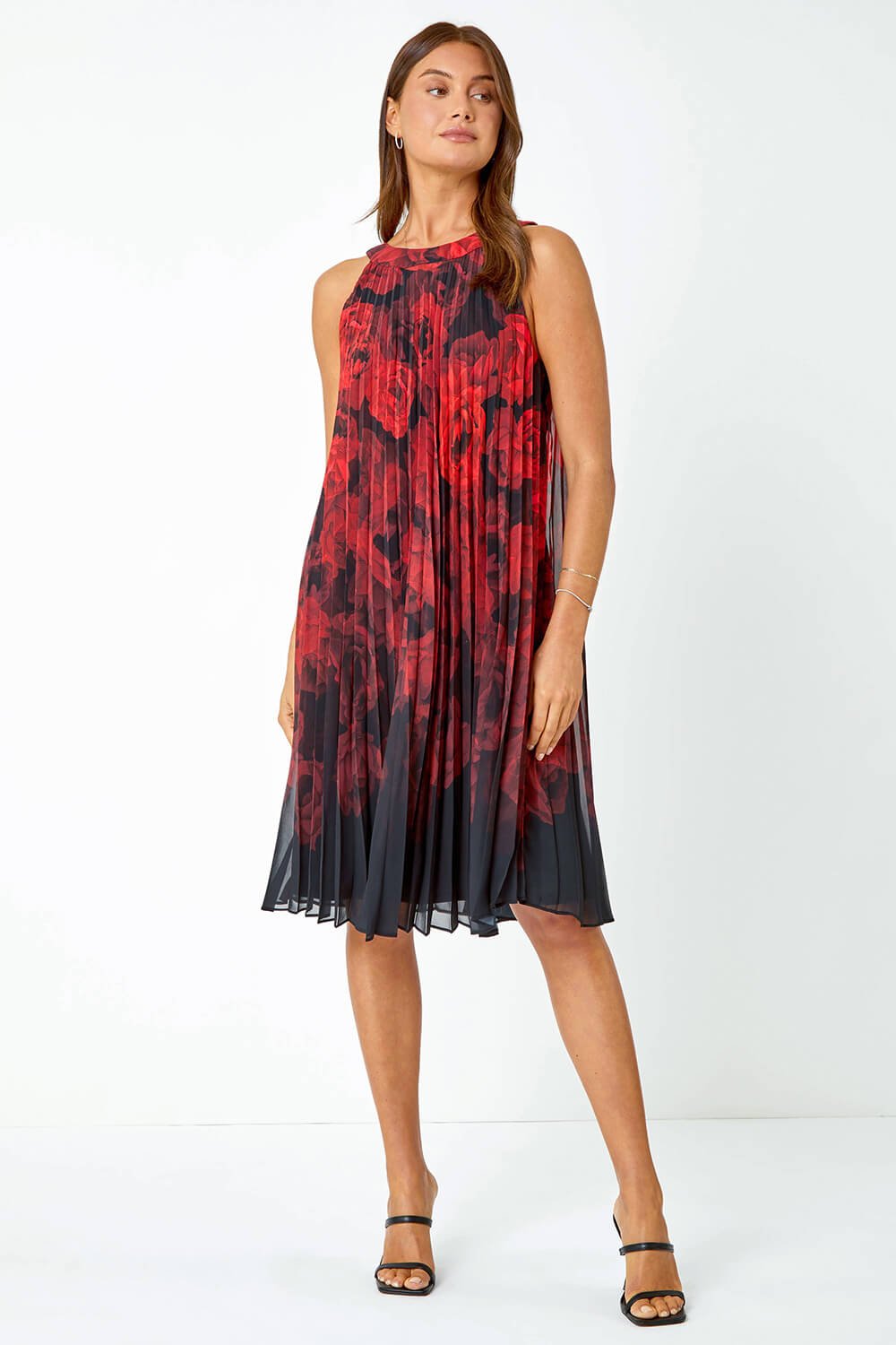 Black Sleeveless Floral Pleated Swing Dress , Image 2 of 5