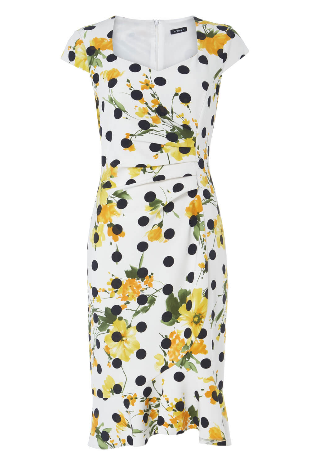 Floral Spot Fluted Fitted Scuba Dress in Yellow - Roman Originals UK