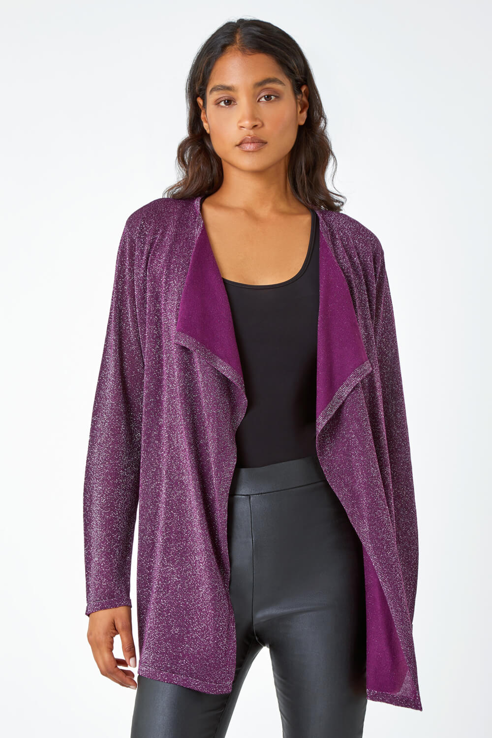 Aubergine Shimmer Waterfall Stretch Cardigan, Image 4 of 5