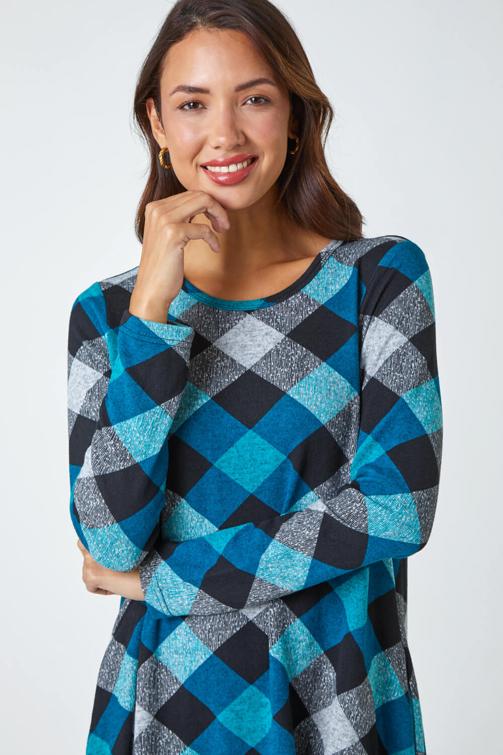Teal Check Print Swing Stretch Dress, Image 4 of 5
