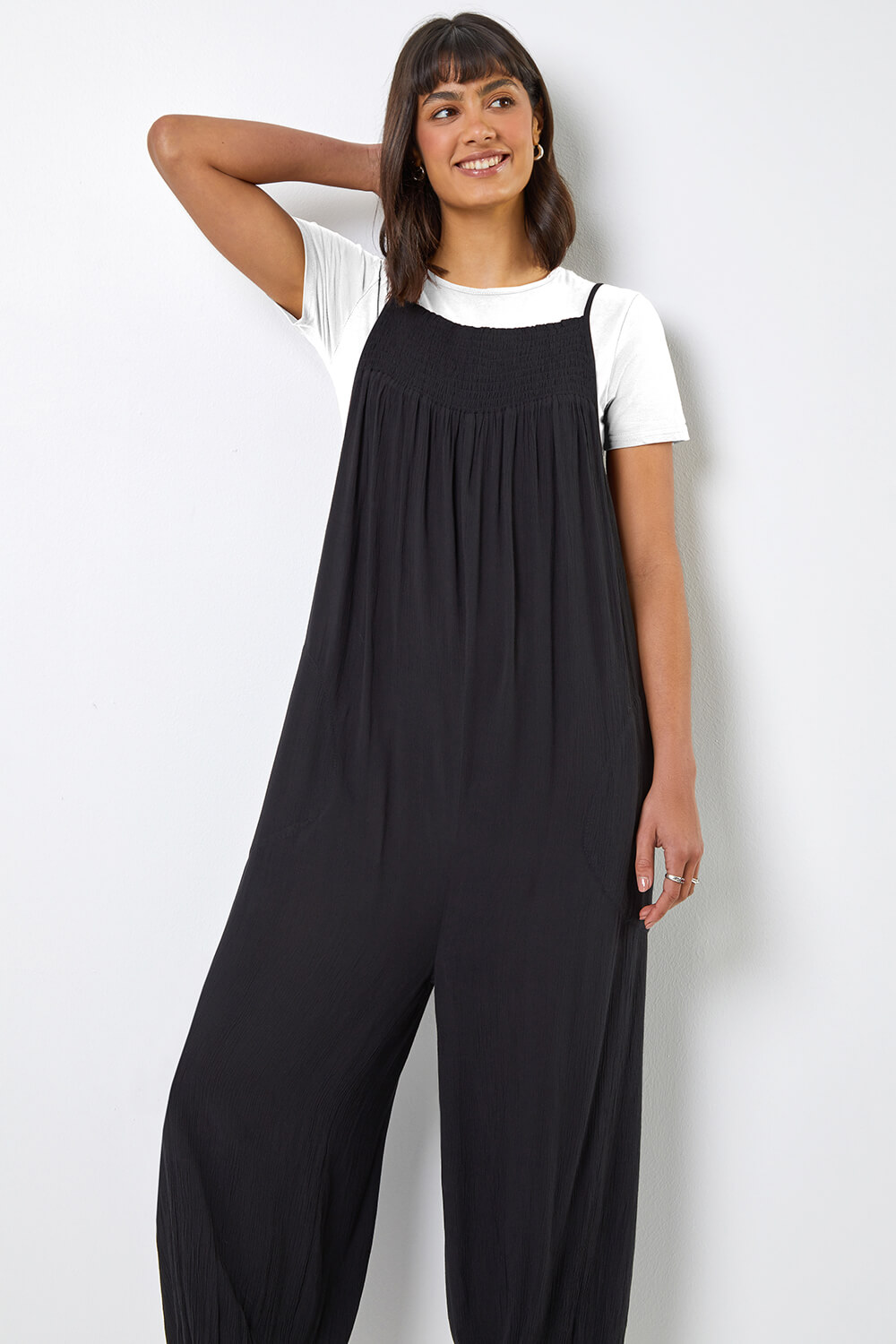 Black Strappy Full Length Shirred Jumpsuit, Image 4 of 5