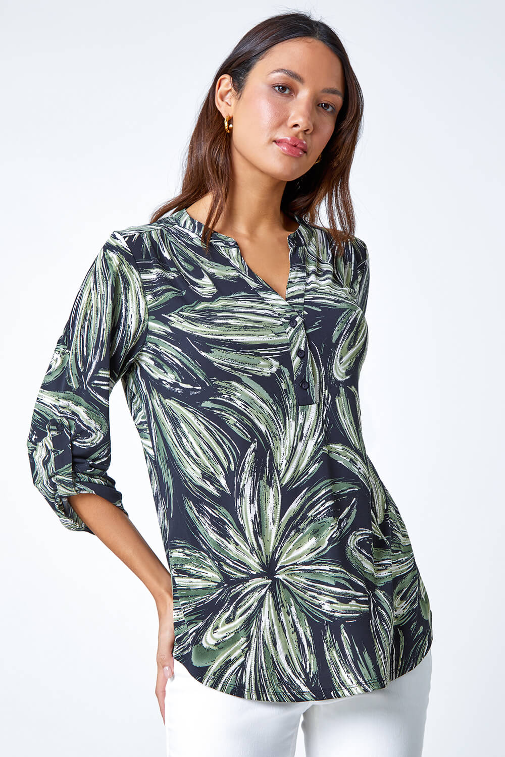 Textured Leaf Print Stretch Shirt