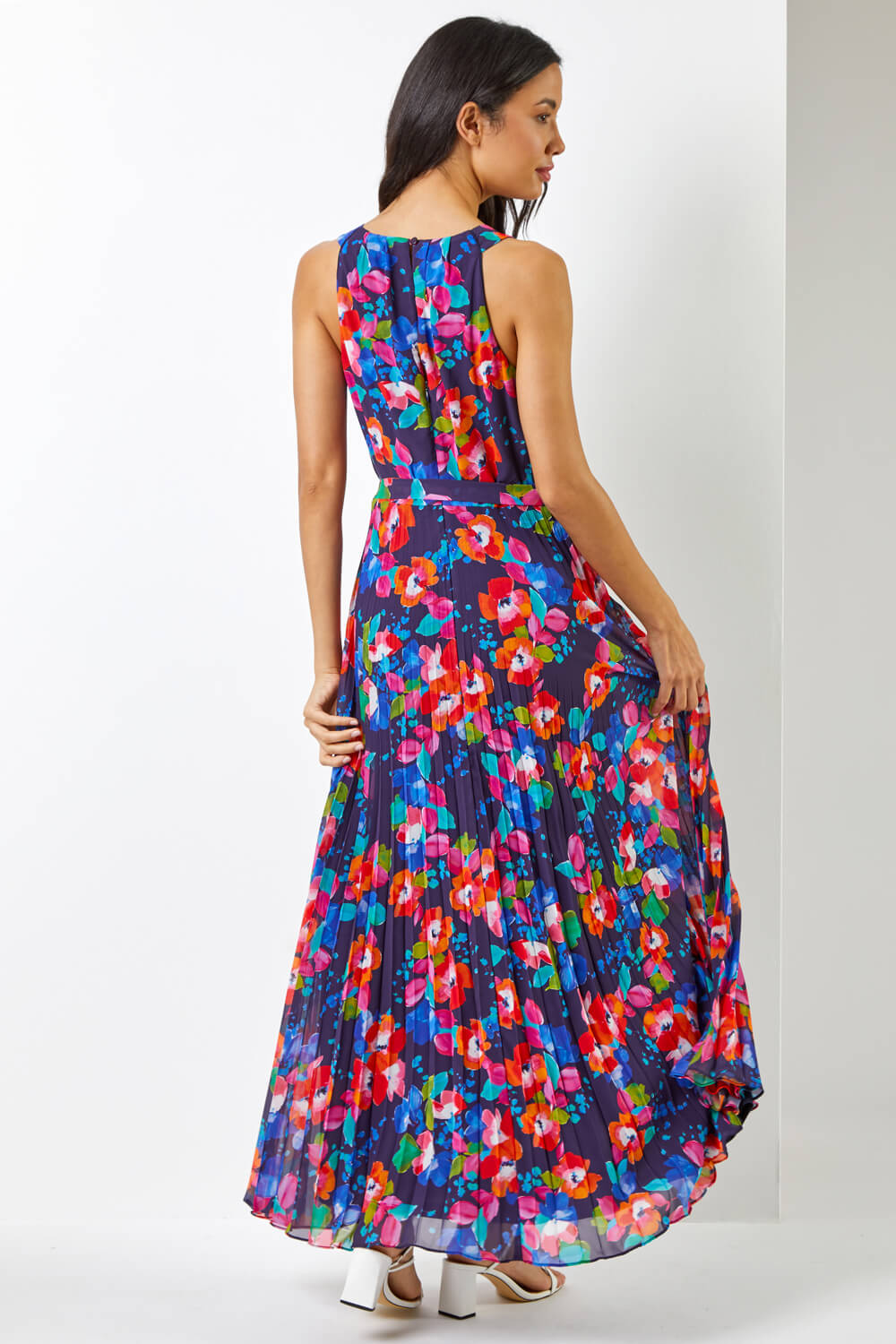 Floral Print Pleated Maxi Dress in Navy - Roman Originals UK
