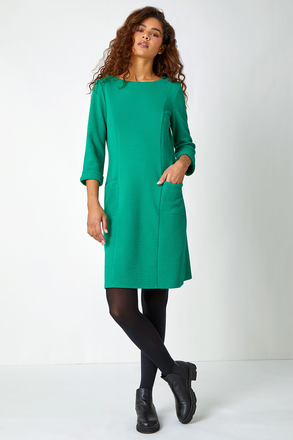 Green Textured Pocket Cotton Blend Shift Dress, Image 2 of 5