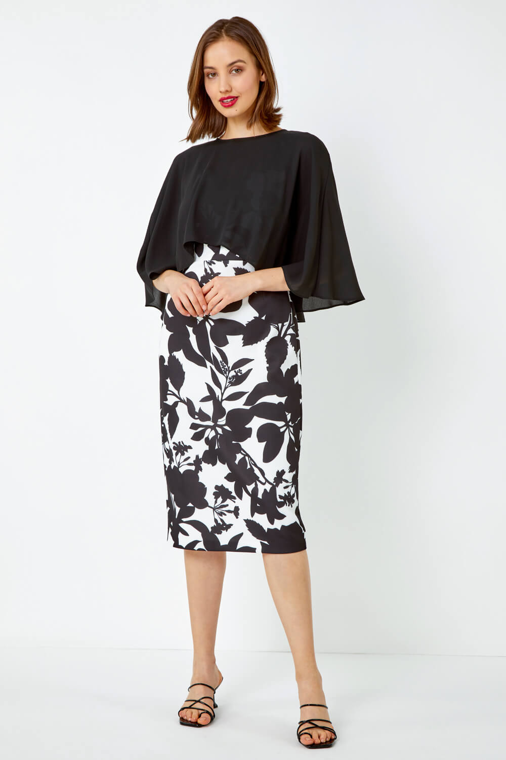 Ivory  Floral Cape Detail Stretch Dress, Image 4 of 5