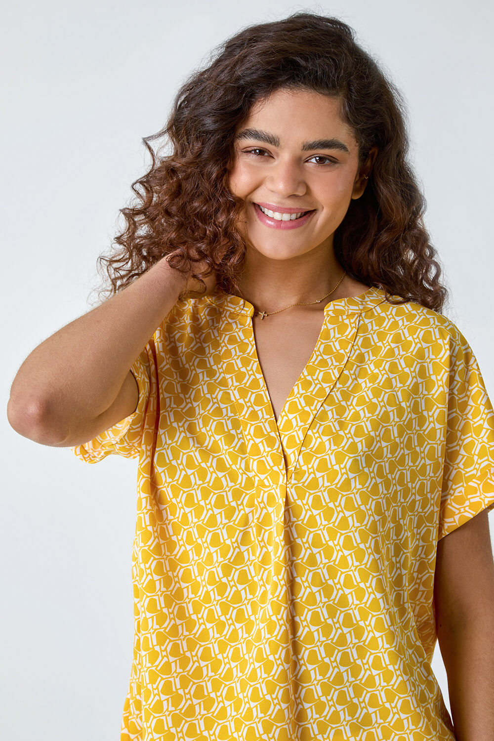Yellow Abstract Print Woven Pleat Front Top, Image 4 of 5