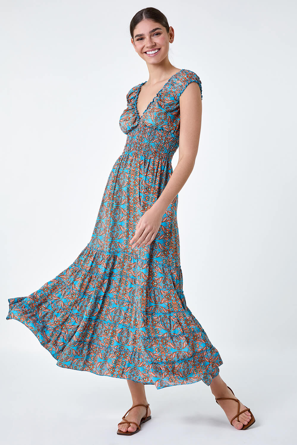 Blue Paisley Print Shirred Frill Maxi Dress, Image 2 of 5