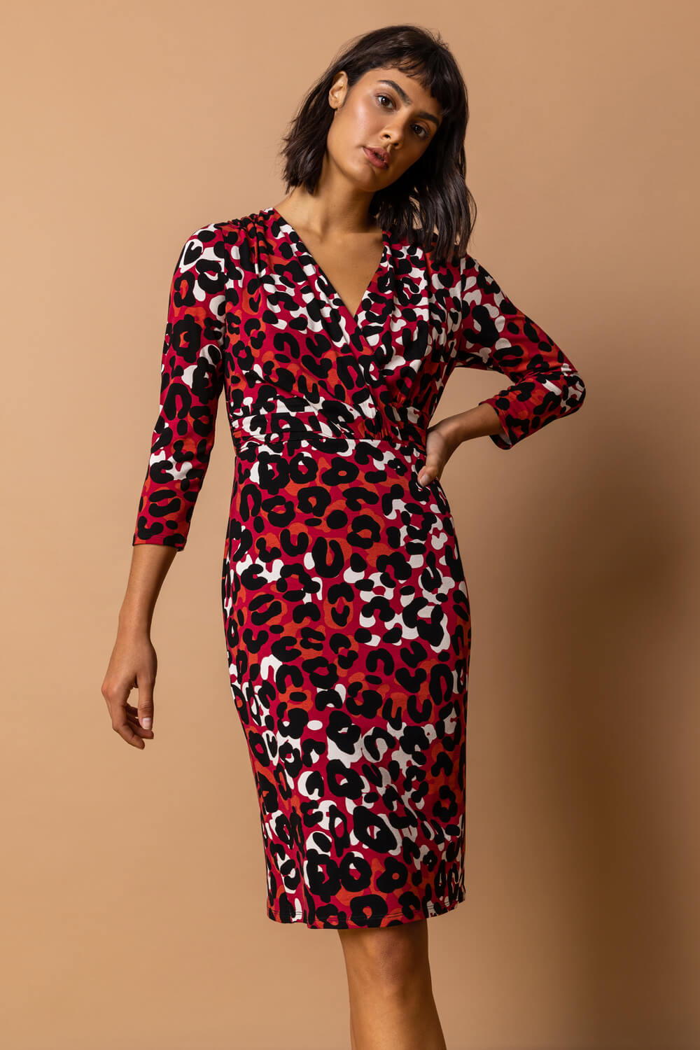 Copper Animal Print Fitted Wrap Dress, Image 3 of 4