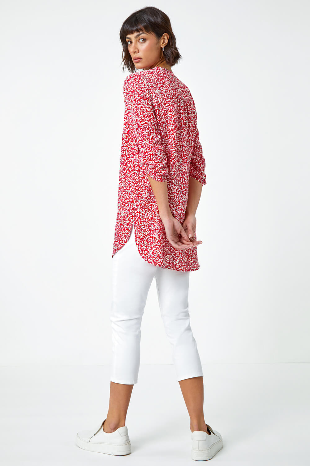 Red Ditsy Floral Print Longline Blouse, Image 3 of 5