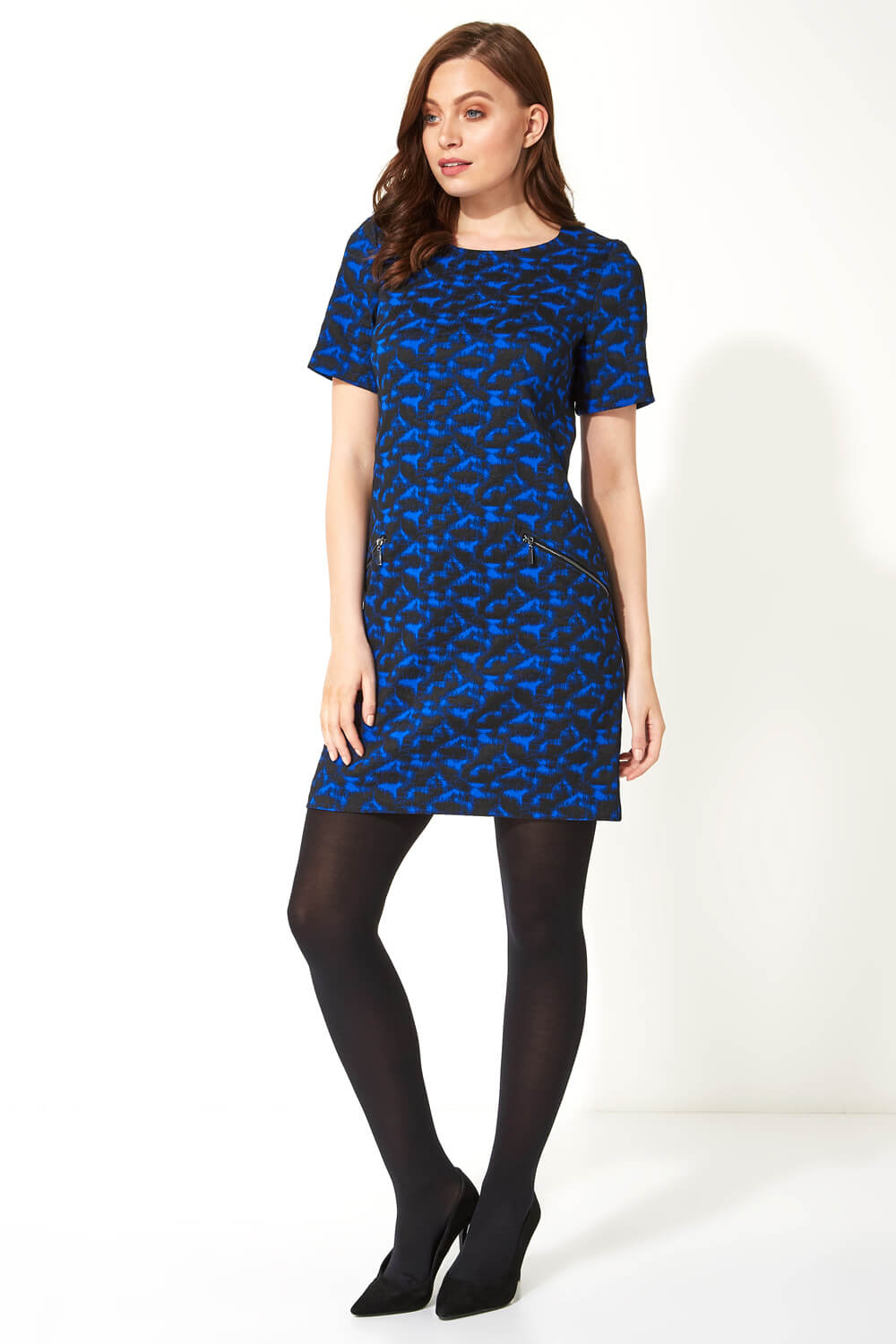 Royal Blue Abstract Zip Pocket Shift Dress, Image 2 of 5