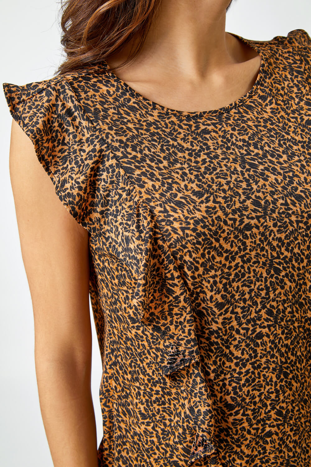 Brown Leopard Print Frill Detail Jersey Top, Image 5 of 5