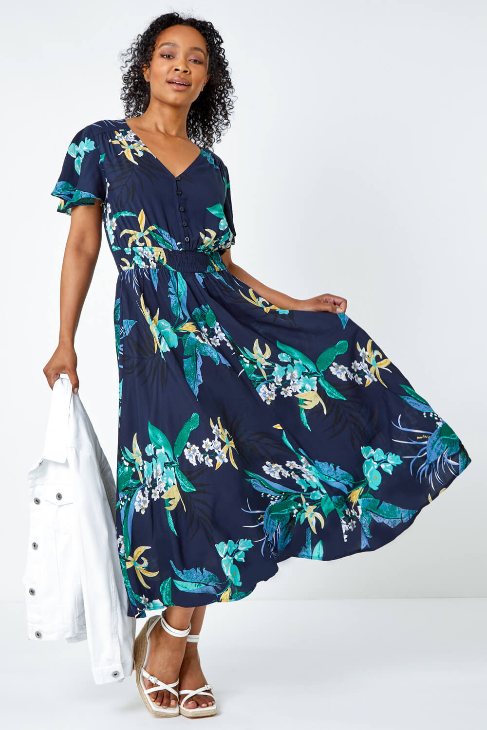 Navy  Petite Floral Shirred Midi Dress, Image 4 of 5