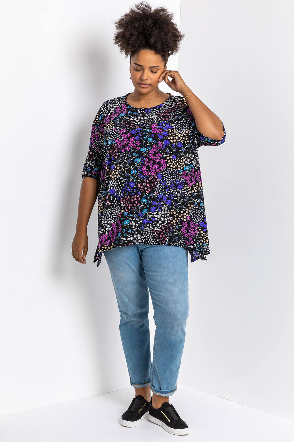 Blue Curve Patchwork Floral Print Tunic Top, Image 3 of 4