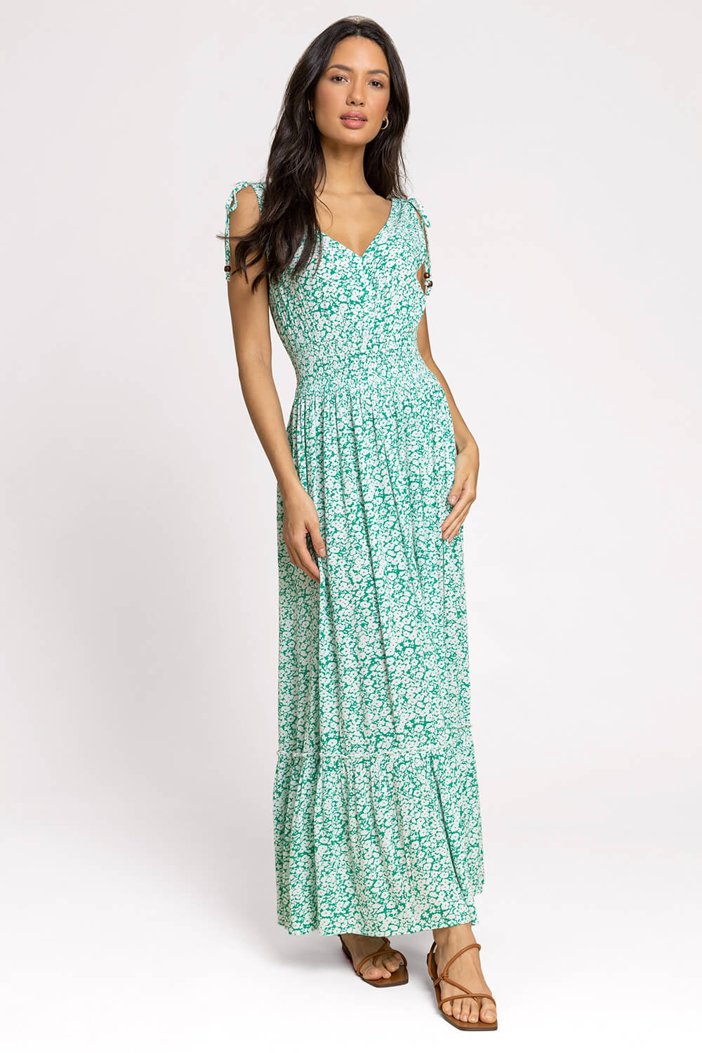 Ditsy Floral Shirred Waist Maxi Dress in Green - Roman Originals UK