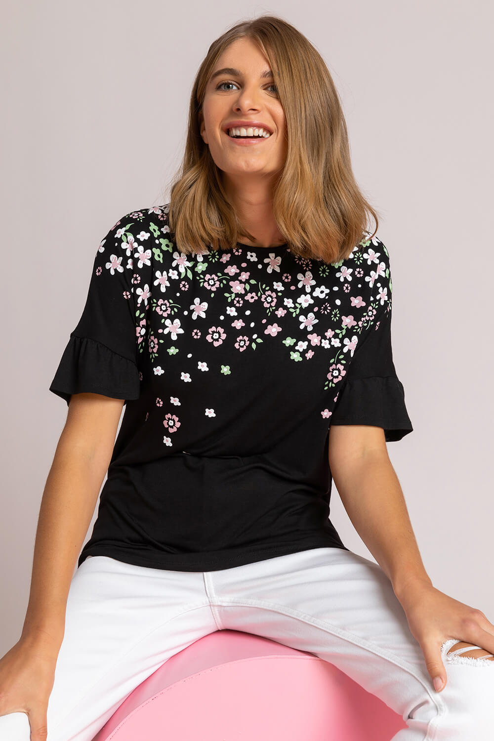 Black Floral Print Frill Sleeve Top, Image 5 of 5
