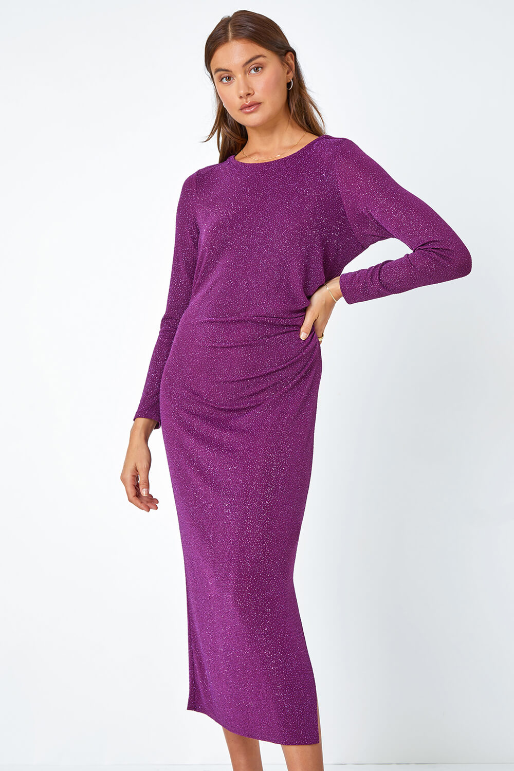 Purple Glitter Cowl Back Stretch Ruched Midi Dress, Image 2 of 5