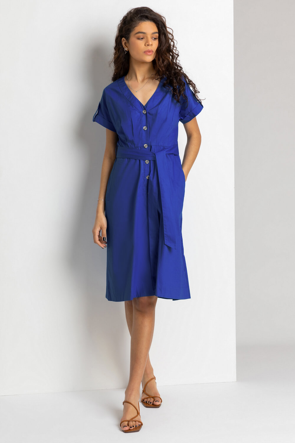 Royal Blue Cotton Belted Midi Shirt Dress, Image 3 of 4