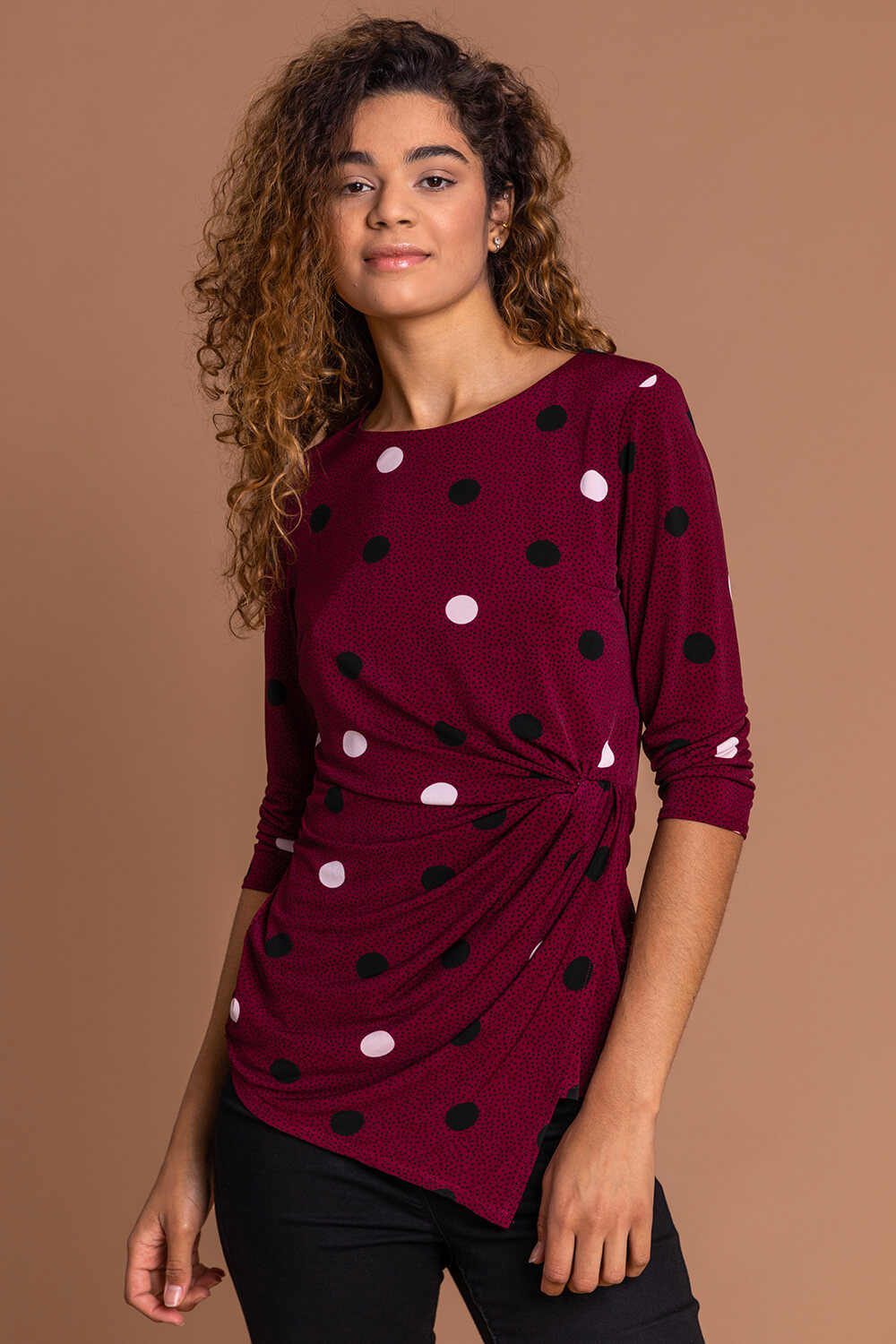Bordeaux Polka Dot Ruched 3/4 Sleeve Jersey Top, Image 5 of 5
