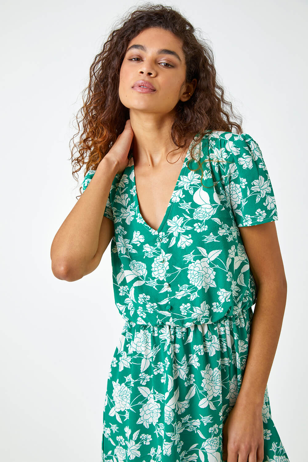 Green Floral Button Through Midi Dress , Image 4 of 5