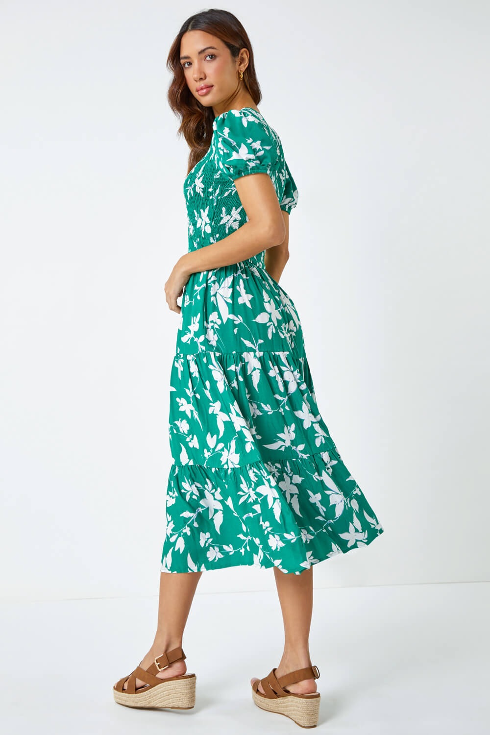 Green Floral Shirred Waist Tiered Midi Dress, Image 3 of 5