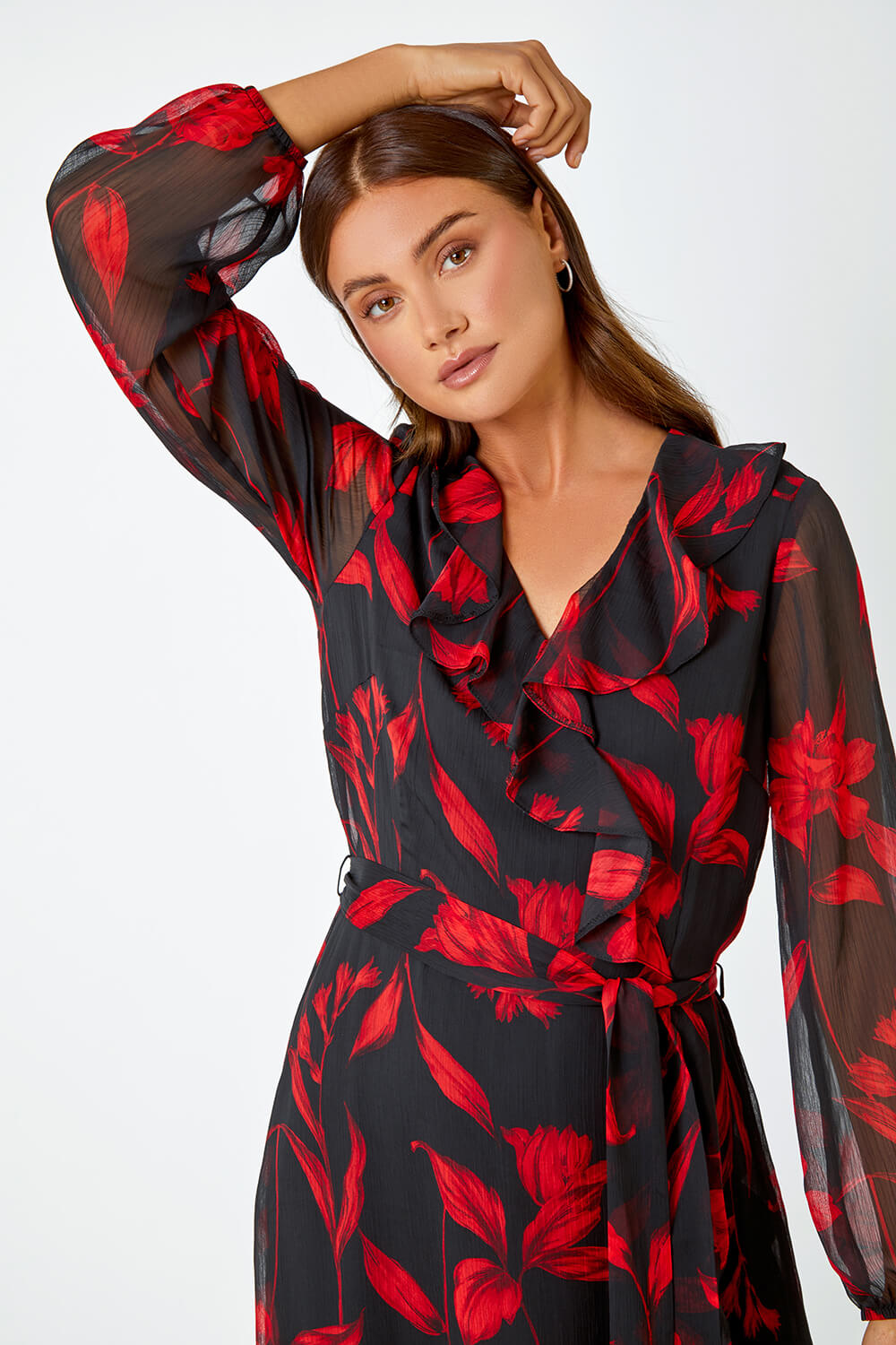 Red Floral Chiffon Frill Wrap Dress, Image 4 of 5