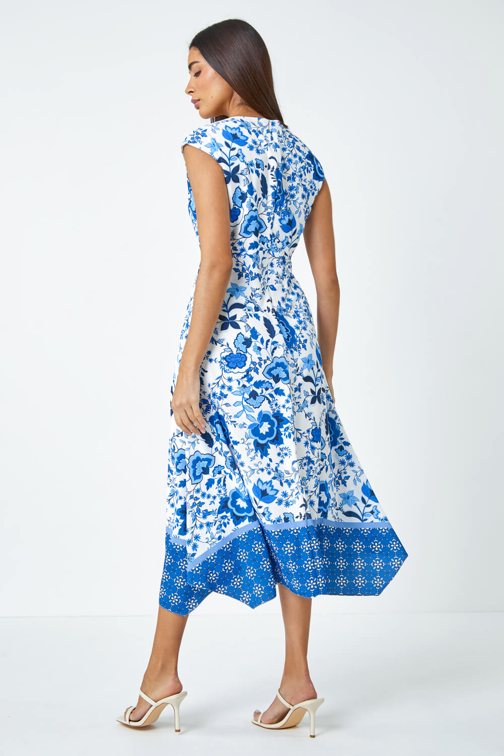 Blue Sleeveless Floral Border Print Midi Dress, Image 3 of 5
