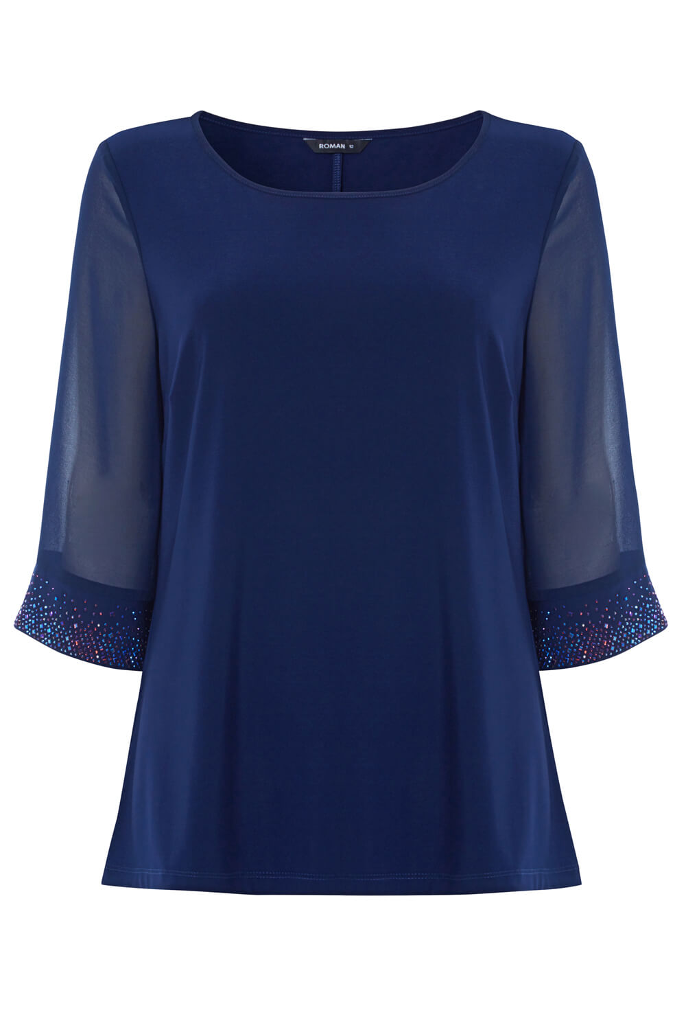 Navy  Sparkle Embellished Cuff Chiffon Top, Image 5 of 5