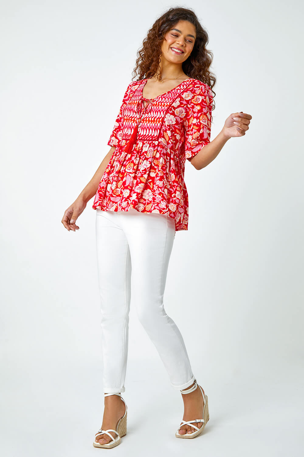 Red Floral Border Tie Smock Top, Image 2 of 5