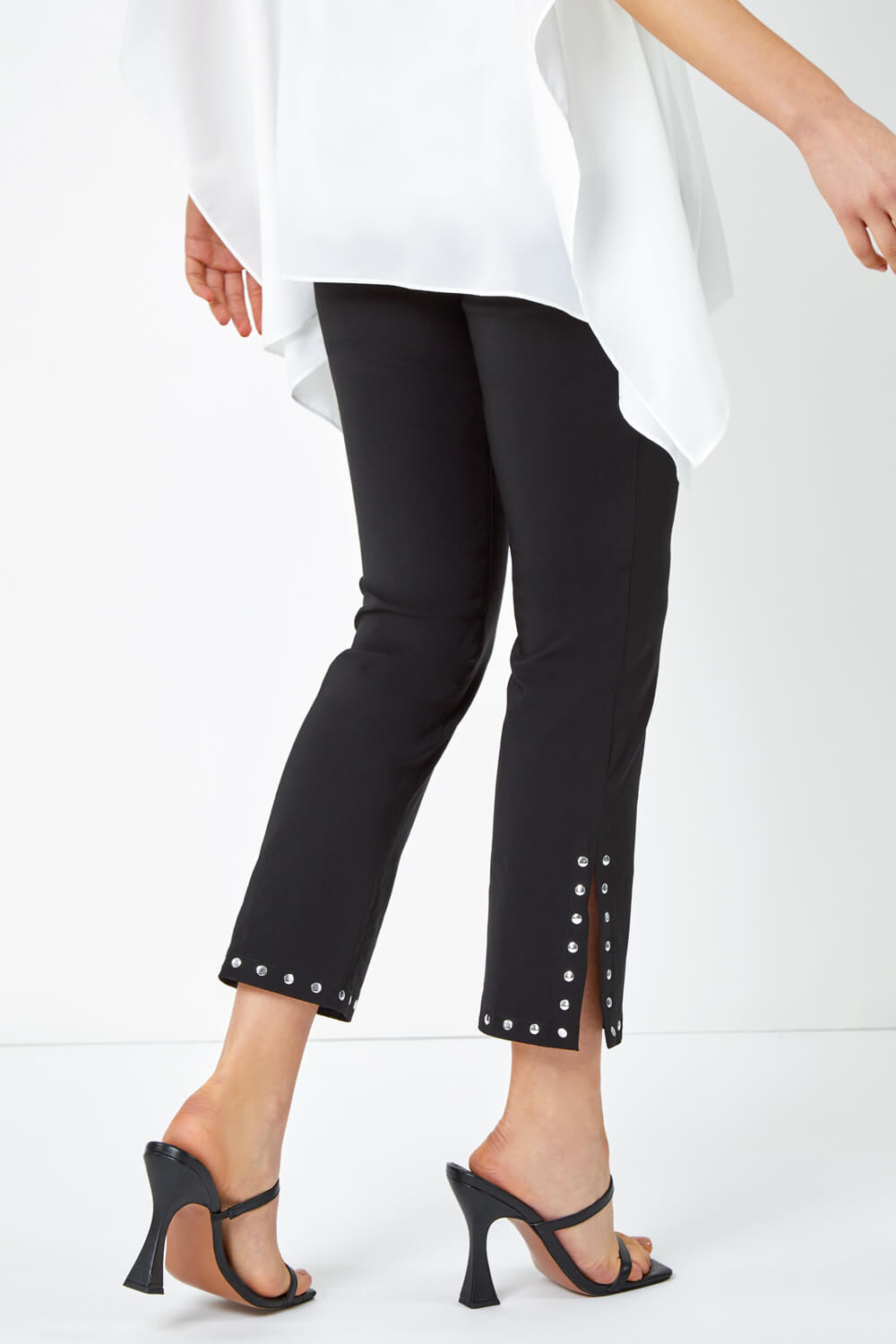Black Stud Detail Cropped Stretch Trousers, Image 4 of 5