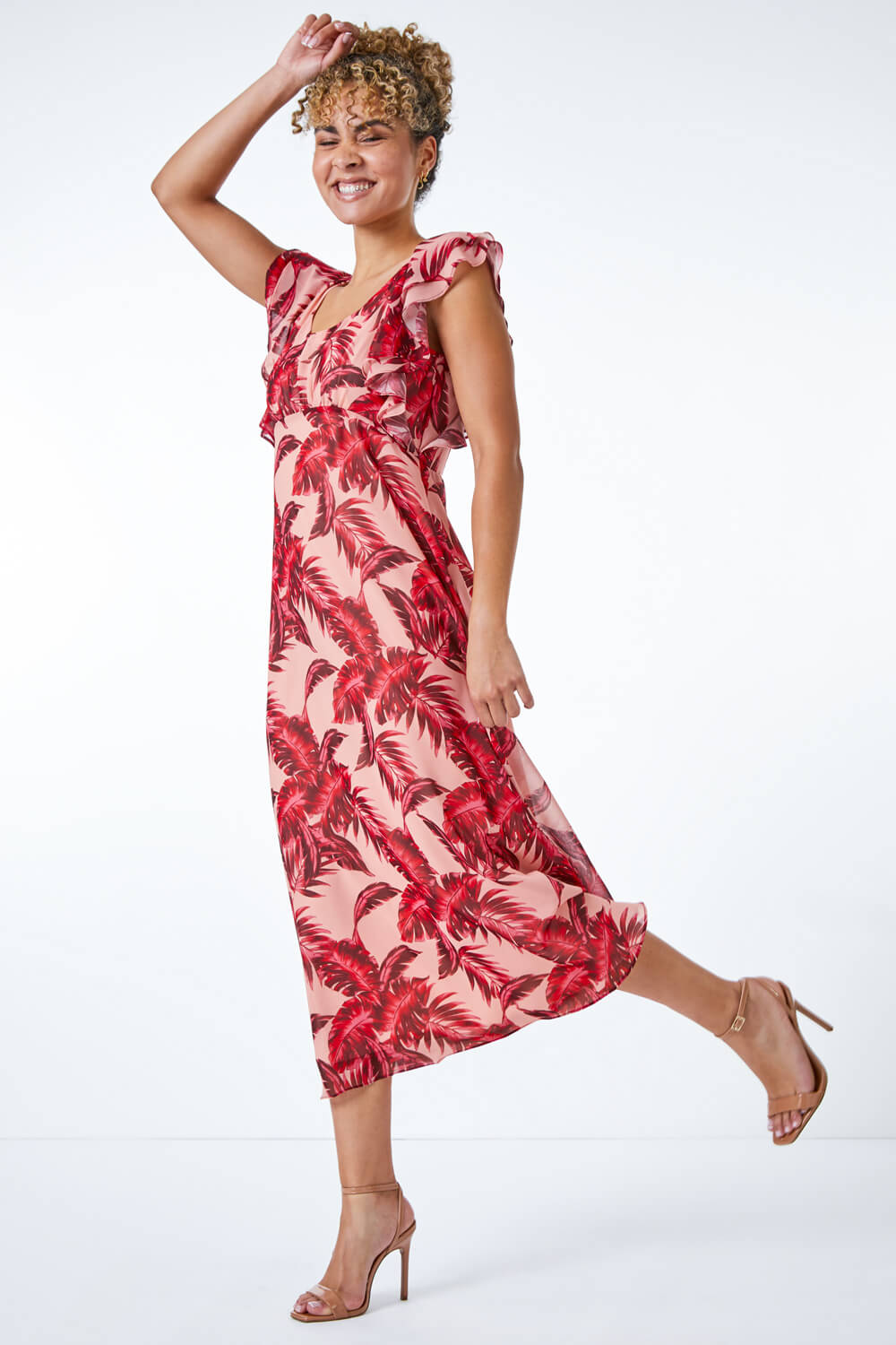 PINK Petite Tropical Print Frill Sleeve Midi Dress, Image 2 of 5