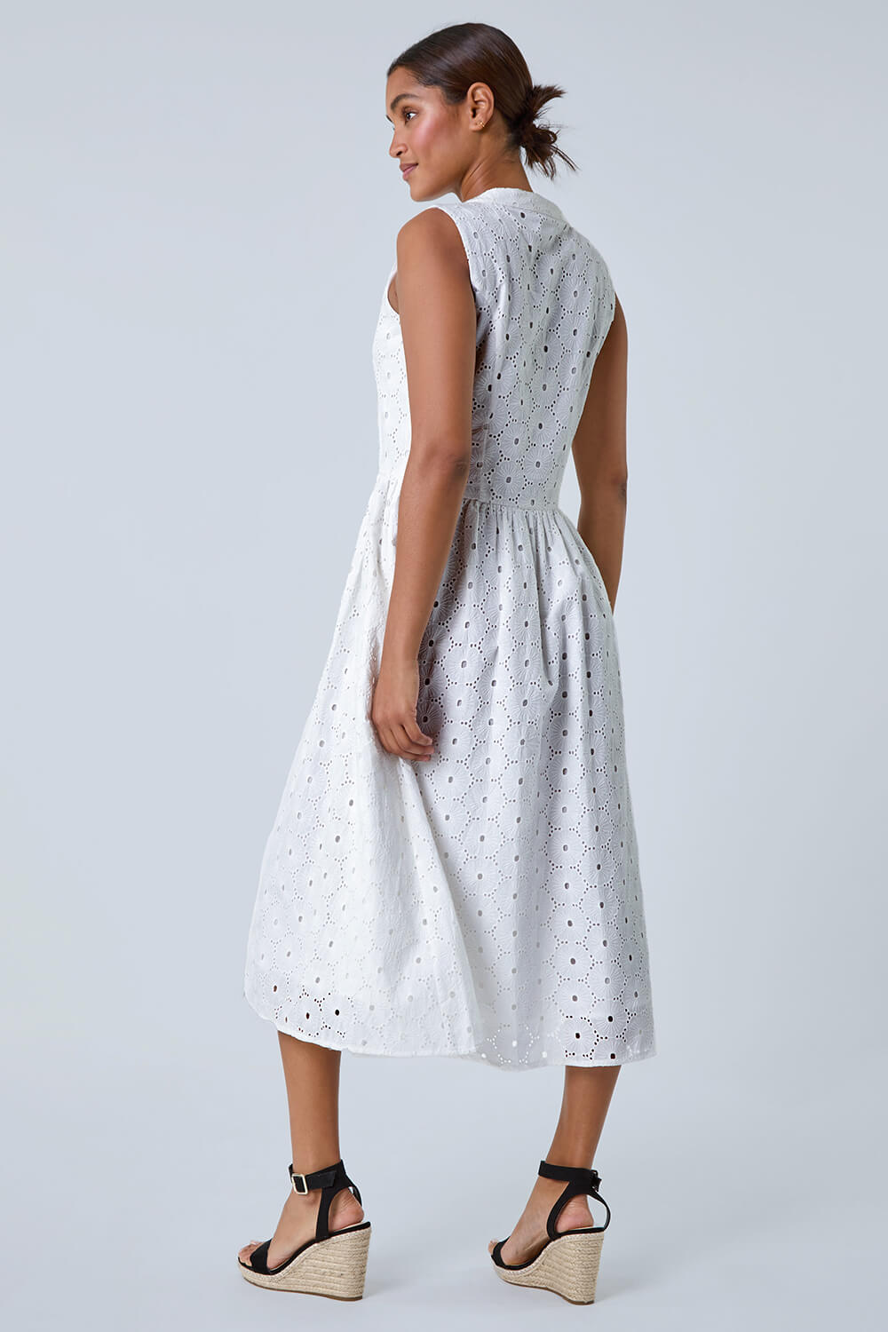 White Floral Cotton Broderie Midi Dress, Image 3 of 5