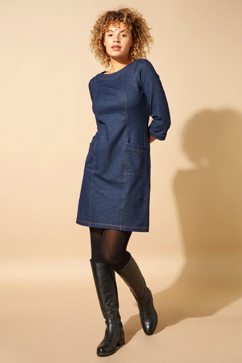 Indigo Top Stitch Detail Denim Shift Dress, Image 2 of 4