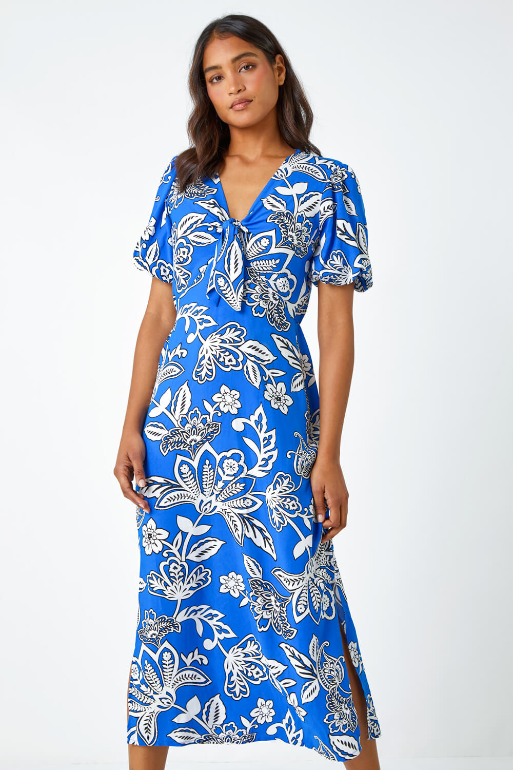 Royal Blue Bold Floral Stretch Midi Dress, Image 4 of 5