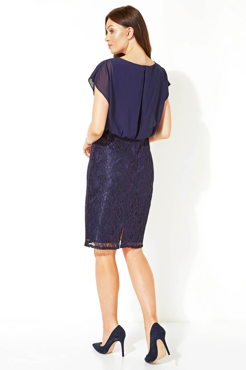 Navy  Chiffon Lace Fitted Dress, Image 3 of 4
