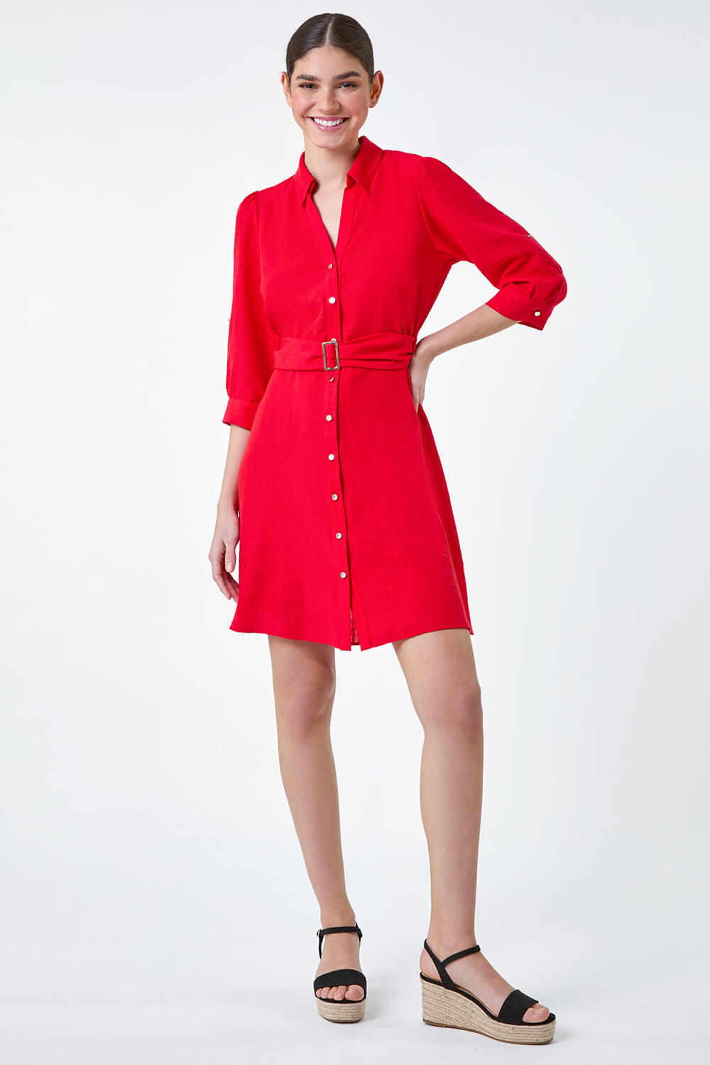 Red Short Belted Shirt Dress, Image 3 of 5